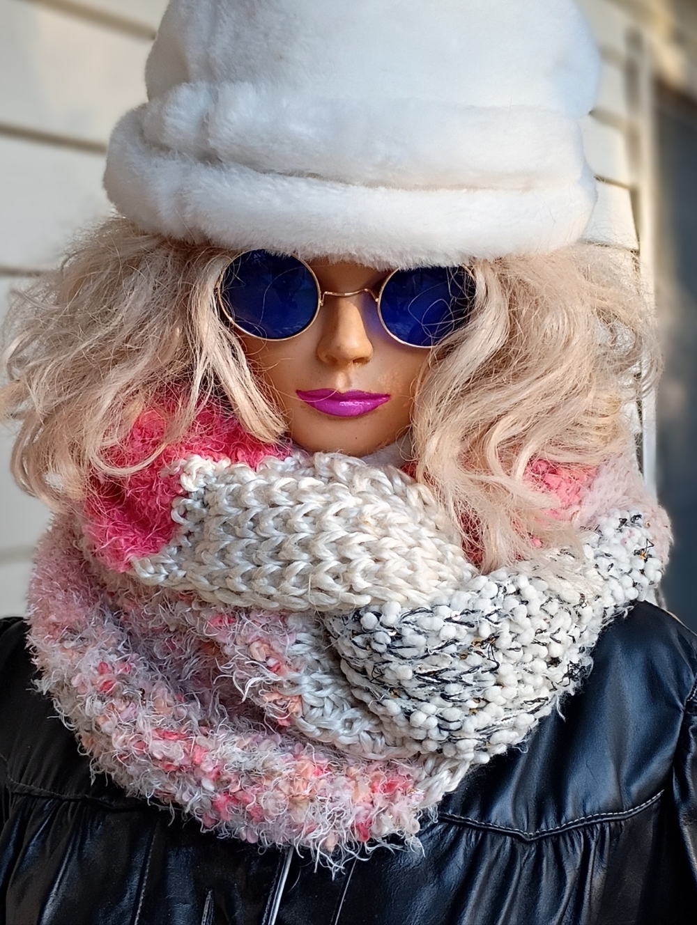 Pink-Accented Knit Infinity Scarf